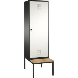 C+P Penderie EVOLO avec banc, porte au-dessus de 2 compartiments, 2 compartiments, 1 porte, largeur compartiments 300 mm, gris noir / blanc pur
