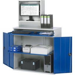 RAU Poste multi-usages, compartiment pour écran, 1 tablette coulissante, largeur 1100 mm, gris clair / bleu gentiane