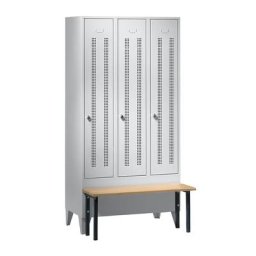 Wolf Vestiaire avec banc frontal, portes en tôle perforée, largeur compartiments 300 mm, 3 compartiments, gris clair