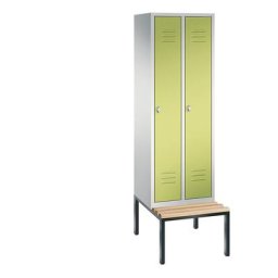C+P Vestiaire CLASSIC avec banc monté en dessous, 2 compartiments, largeur compartiments 300 mm, gris clair / vert viridin