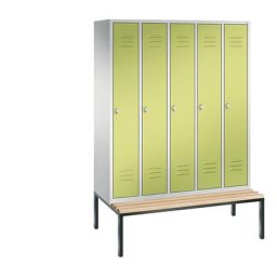 C+P Vestiaire CLASSIC avec banc monté en dessous, 5 compartiments, largeur compartiments 300 mm, gris clair / vert viridin