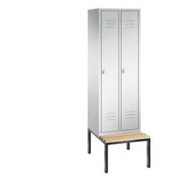 C+P Vestiaire CLASSIC avec banc monté en dessous, 2 compartiments, largeur compartiments 300 mm, gris clair