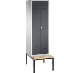 C+P Penderie CLASSIC avec banc inférieur et portes fermant l'une contre l'autre, 2 compartiments, largeur compartiments 300 mm, gris clair / gris noir