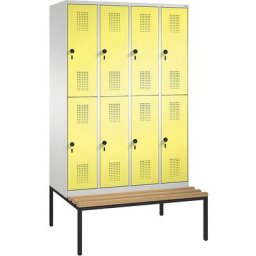 C+P Penderie EVOLO à deux étages, avec banc, 4 compartiments, 2 casiers chacun, largeur compartiments 300 mm, gris clair / jaune soufre