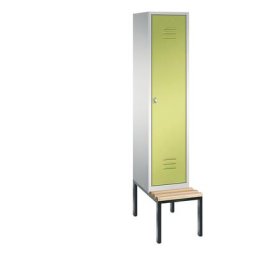 C+P Vestiaire CLASSIC avec banc monté en dessous, 1 compartiment, largeur compartiment 400 mm, gris clair / vert viridin