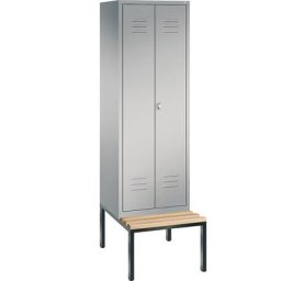 C+P Penderie CLASSIC avec banc inférieur et portes fermant l'une contre l'autre, 2 compartiments, largeur compartiments 300 mm, aluminium