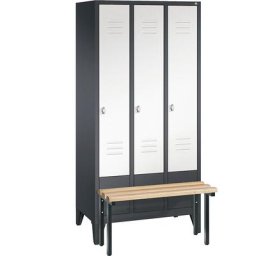 C+P Vestiaire CLASSIC avec banc frontal, 3 compartiments, largeur compartiments 300 mm, gris noir / blanc trafic