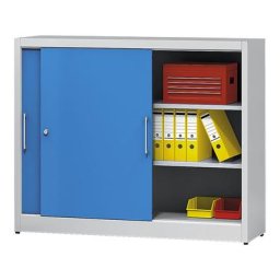 eurokraft pro Armoire à portes coulissantes, hauteur 1200 mm, avec paroi médiane et 2 x 2 tablettes, h x l 1200 x 1500 mm, profondeur 420 mm, portes vert réséda RAL 6011