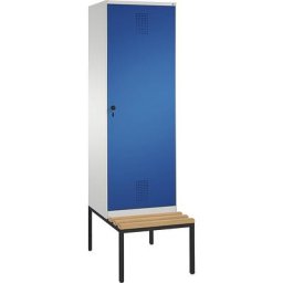 C+P Penderie EVOLO avec banc, porte au-dessus de 2 compartiments, 2 compartiments, 1 porte, largeur compartiments 300 mm, gris clair / bleu gentiane