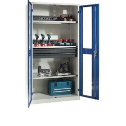 LISTA Armoire de chargement centralisé, 3 tablettes, 2 tiroirs, portes vitrées, gris/bleu