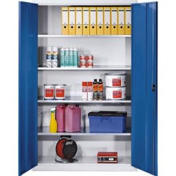 eurokraft pro Armoire grande capacité en tôle d'acier, avec 4 tablettes, sans bacs à bec, corps gris clair, portes bleu gentiane