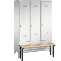 C+P Vestiaire CLASSIC avec banc frontal, 3 compartiments, largeur compartiments 400 mm, gris clair