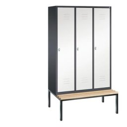 C+P Vestiaire CLASSIC avec banc monté en dessous, 3 compartiments, largeur compartiments 400 mm, gris noir / blanc trafic