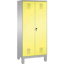 C+P Armoire de rangement sur pieds EVOLO, à portes fermant l'une contre l'autre, 2 compartiments, 8 tablettes, largeur compartiments 400 mm, aluminium / jaune soufre