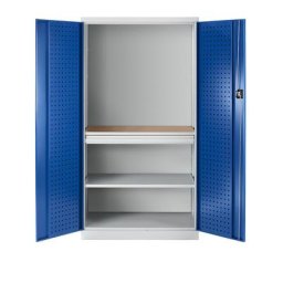 Armoire à outils avec perforations, 1 tiroir, 1 tablette, 1 plan de travail - paroi arrière pleine, portes bleu gentiane