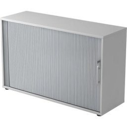 Armoire à rideau vertical, 2 tablettes de chaque côté, 1 cloison médiane, gris clair