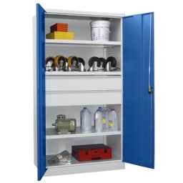 Pavoy Armoire pour charges lourdes, hauteur 1950 mm, 3 tablettes, 2 tiroirs, gris / bleu