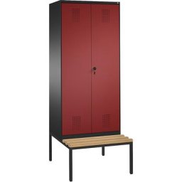 C+P Penderie EVOLO à portes fermant l'une contre l'autre, avec banc, 2 compartiments, largeur compartiments 400 mm, gris noir / rouge rubis