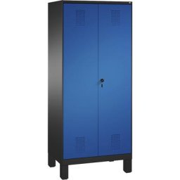 C+P Armoire de rangement sur pieds EVOLO, à portes fermant l'une contre l'autre, 2 compartiments, 8 tablettes, largeur compartiments 400 mm, gris noir / bleu gentiane