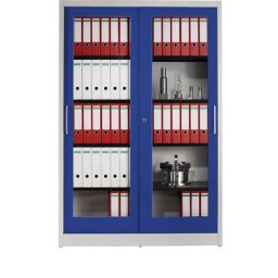 mauser Armoire à portes coulissantes, façade vitrée, 4 tablettes, h x l x p 1965 x 1200 x 500 mm, gris clair / bleu outremer