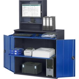 RAU Poste multi-usages, compartiment pour écran, 1 tablette coulissante, largeur 1100 mm, anthracite / bleu gentiane