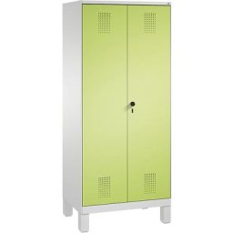 C+P Armoire de rangement sur pieds EVOLO, à portes fermant l'une contre l'autre, 2 compartiments, 8 tablettes, largeur compartiments 400 mm, gris clair / vert