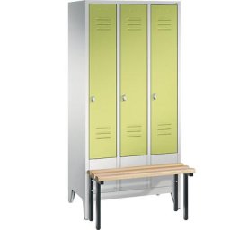 C+P Vestiaire CLASSIC avec banc frontal, 3 compartiments, largeur compartiments 300 mm, gris clair / vert viridin