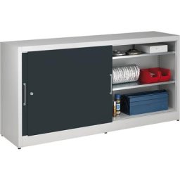 eurokraft pro Armoire à portes coulissantes, hauteur 1000 mm, avec cloison médiane et 2 x 2 tablettes, largeur 2000 mm, profondeur 500 mm, portes anthracite RAL 7016