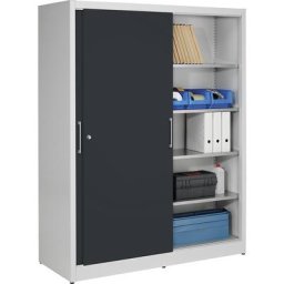 eurokraft pro Armoire à portes coulissantes, hauteur 1950 mm, avec cloison médiane et 2 x 4 tablettes, largeur 1500 mm, profondeur 600 mm, portes anthracite RAL 7016