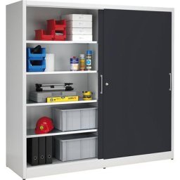 eurokraft pro Armoire à portes coulissantes, hauteur 1950 mm, avec cloison médiane et 2 x 4 tablettes, largeur 2000 mm, profondeur 600 mm, portes anthracite RAL 7016