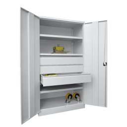 Pavoy Armoire pour charges lourdes, hauteur 1950 mm, 3 tablettes, 3 tiroirs 175 mm, gris