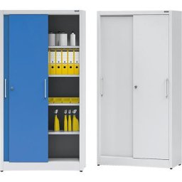 eurokraft pro Armoire à portes coulissantes, hauteur 1950 mm, avec 4 tablettes, largeur 1000 mm, profondeur 600 mm, portes gris clair RAL 7035