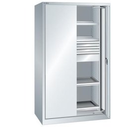 LISTA Armoire à porte escamotable pour charges lourdes, 3 tiroirs, 4 tablettes, avec portes en tôle pleine, gris clair