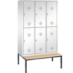 C+P Penderie CLASSIC avec banc inférieur, à deux étages, 3 compartiments, 2 casiers chacun, largeur compartiments 400 mm, blanc trafic
