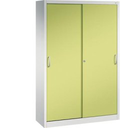 C+P Armoire à portes coulissantes ACURADO, 3 tablettes, 2 casiers verrouillables, h x l x p 1950 x 1200 x 400 mm, gris clair / vert viridin