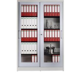 mauser Armoire à portes coulissantes, façade vitrée, 4 tablettes, h x l x p 1965 x 1200 x 420 mm, gris clair / aluminium