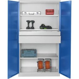 eurokraft pro Armoire d'atelier, profondeur 650 mm, 3 tablettes + 2 tiroirs, portes bleues