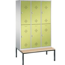 C+P Penderie CLASSIC avec banc inférieur, à deux étages, 3 compartiments, 2 casiers chacun, largeur compartiments 400 mm, gris clair / vert viridin