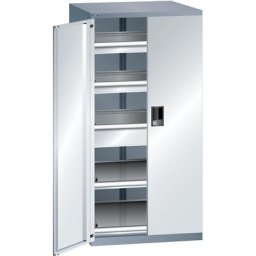 LISTA Armoire à tiroirs à portes battantes, hauteur 1450 mm, 2 tablettes, 3 tiroirs, charge max. 75 kg, gris métallisé / gris clair