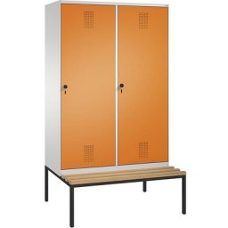 C+P Penderie EVOLO avec banc, porte au-dessus de 2 compartiments, 4 compartiments, 2 portes, largeur compartiments 300 mm, gris clair / orange jaune