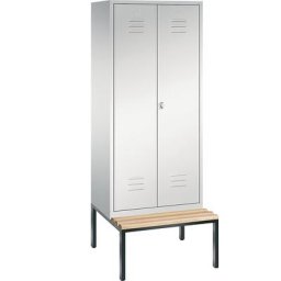 C+P Penderie CLASSIC avec banc inférieur et portes fermant l'une contre l'autre, 2 compartiments, largeur compartiments 400 mm, gris clair