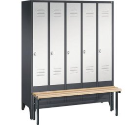 C+P Vestiaire CLASSIC avec banc frontal, 5 compartiments, largeur compartiments 300 mm, gris noir / gris clair