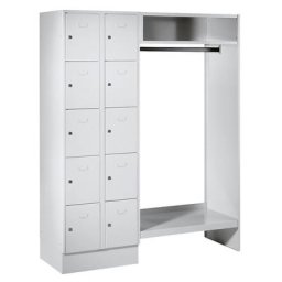 Wolf Vestiaires à penderie ouverte, 10 casiers à gauche, 10 cintres, largeur h.t. 1470 mm, largeur tablettes 298 mm, gris clair