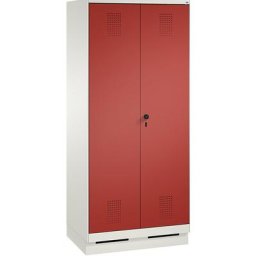 C+P Armoire à linge / penderie EVOLO, 4 tablettes, tringle, compartiments 2 x 400 mm, avec socle, blanc trafic / rouge feu