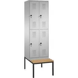 C+P Penderie EVOLO à deux étages, avec banc, 2 compartiments, 2 casiers chacun, largeur compartiments 300 mm, aluminium / aluminium