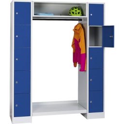 Wolf Vestiaires à penderie ouverte, 10 casiers externes, 10 cintres, largeur h.t. 1470 mm, largeur tablettes 298 mm, bleu gentiane/gris clair