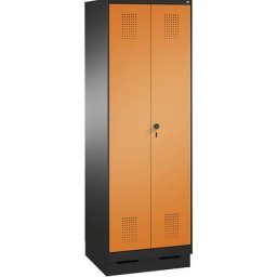 C+P Armoire à linge / penderie EVOLO, 4 tablettes, tringle, compartiments 2 x 300 mm, avec socle, gris noir / orange jaune