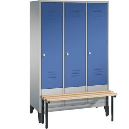 C+P Vestiaire CLASSIC avec banc frontal, 3 compartiments, largeur compartiments 400 mm, aluminium / bleu gentiane