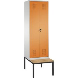 C+P Penderie EVOLO à portes fermant l'une contre l'autre, avec banc, 2 compartiments, largeur compartiments 300 mm, gris clair / orange jaune