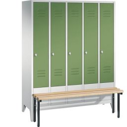 C+P Vestiaire CLASSIC avec banc frontal, 5 compartiments, largeur compartiments 300 mm, gris clair / vert réséda